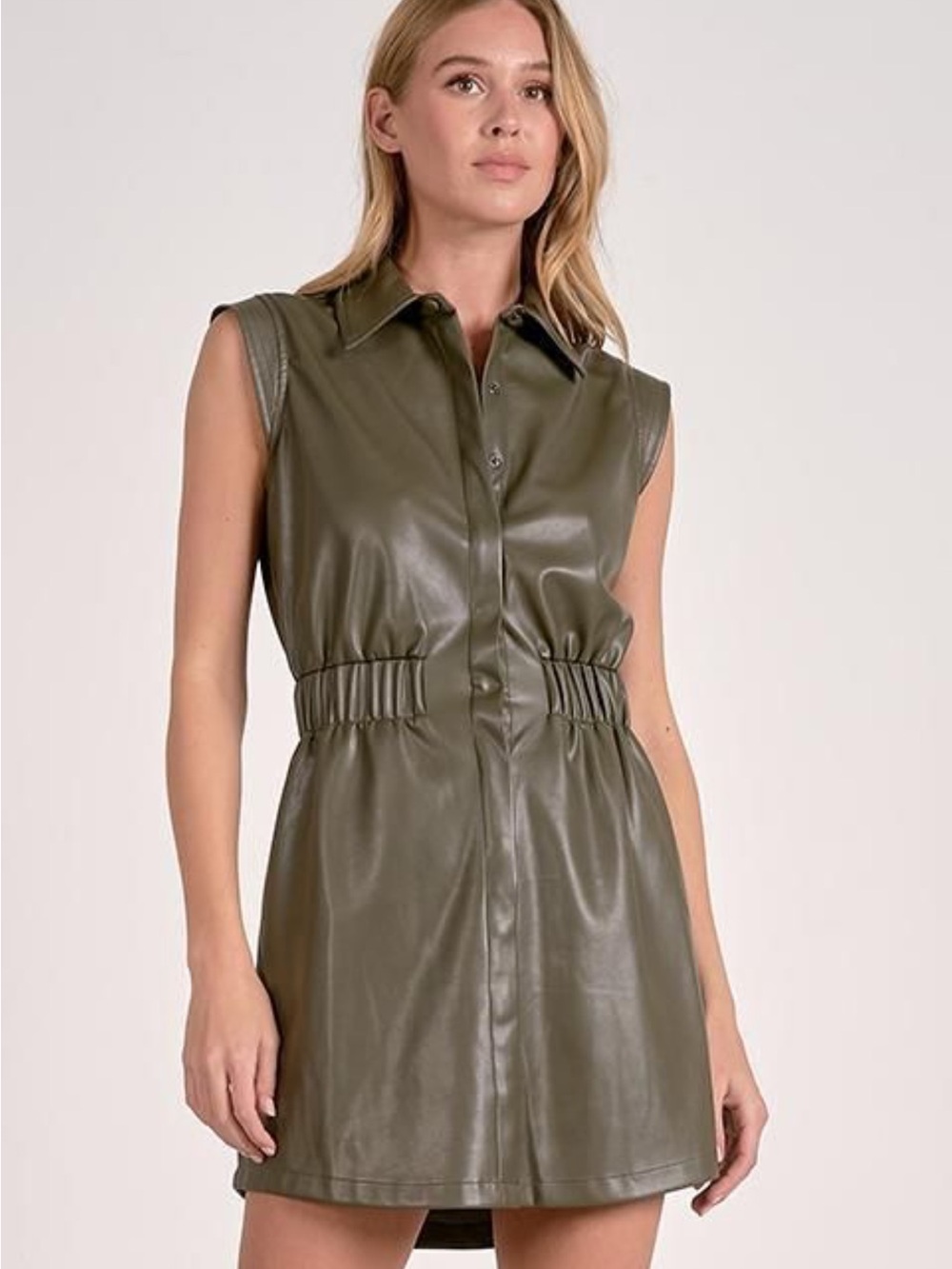 Elan Olive Faux Leather Sleeveless Mini Dress
